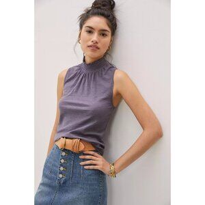 NATION LTD Warner Purple Slub Cotton Jersey Smocked Mock Neck Tank, Size S